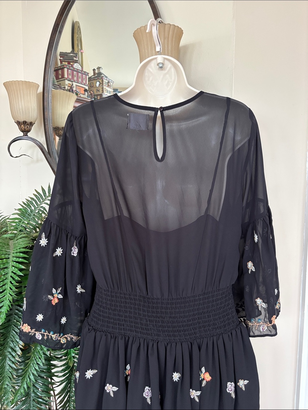 Maeve Anthropologie Black Floral Embroidered Layered Sheer Ruffle Mini Dress - Picture 9 of 15
